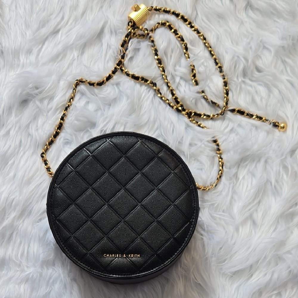 Charles & Keith Black Quilted Circle Crossbody Bag